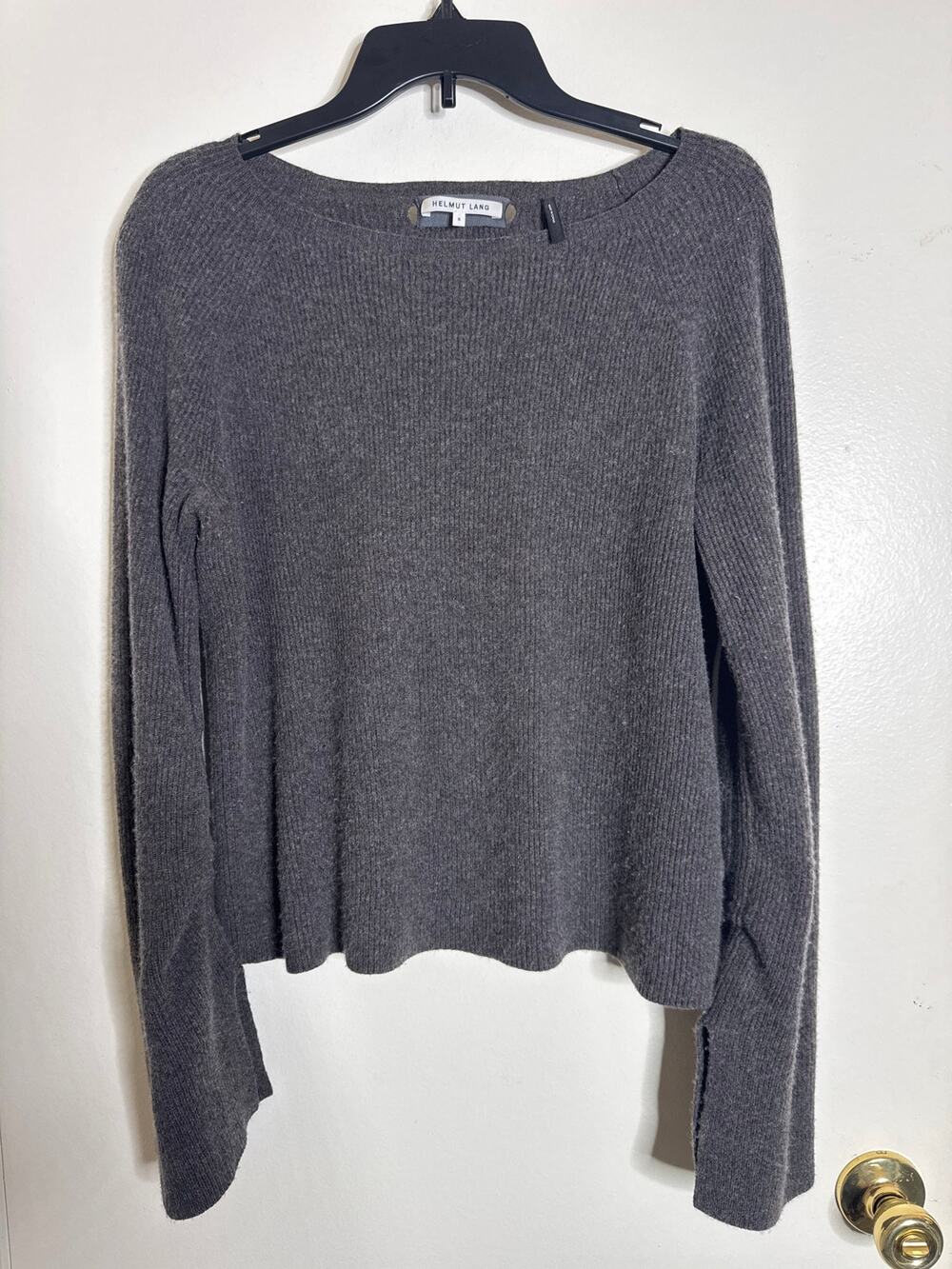 Helmut Lang Minimalist Charcoal Wool Cashmere Ribbed Wide Neck Sweater Small